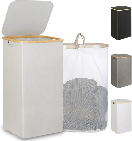 110L Laundry Basket with Lid, Laundry Hamper with Bamboo Handle,Clothes Basket Organizer with Removable Inner Bag for Clothes Toys Towels,Light Grey