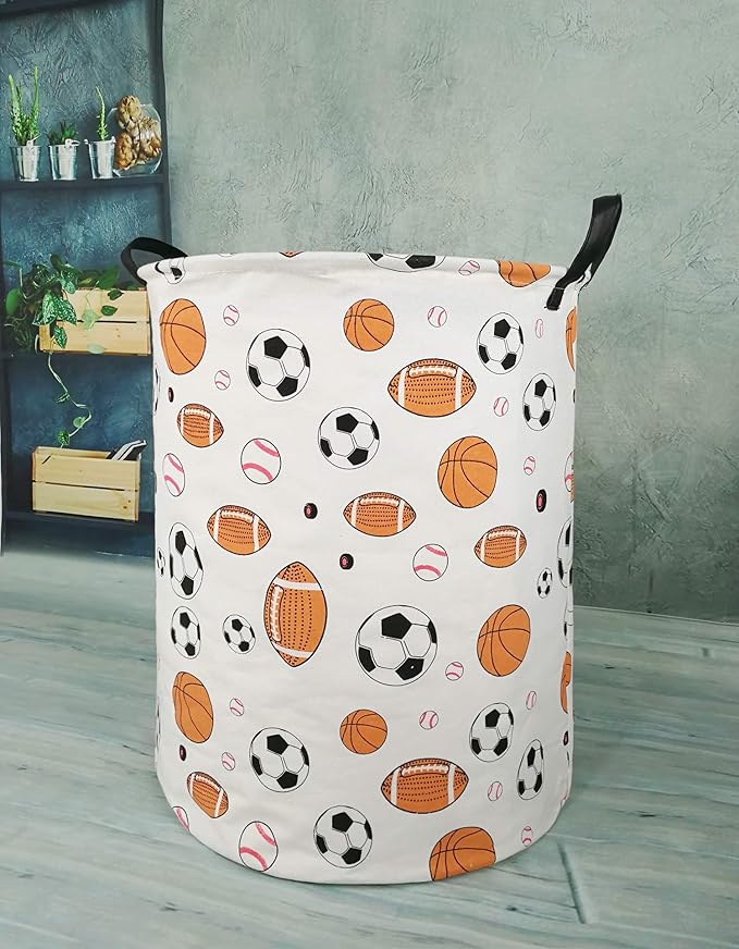 KUNRO Round Basketball Football Laundry Gift Basket Storage Hamper, Clothes Storage Organizer Bins, Shelf Basket with Handles for Room Decor (Balls)