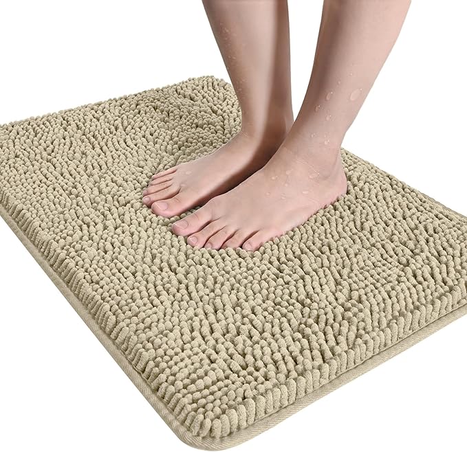 LOCHAS Luxury Bathroom Rug Shaggy Bath Mat 20 x 30 Inch, Washable Non Slip Bath Rugs for Bathroom Shower, Soft Plush Chenille Absorbent Carpets Mats, Beige