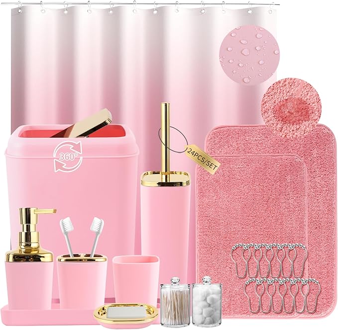 XLHOMO Bathroom Set - Pink Bathroom Sets with Shower Curtain and Rugs, 24PCS Shower Curtain Set with Hooks, Soap Dispenser, Soap Dish, Toilet Brush Holder and Trash Can for Housewarming