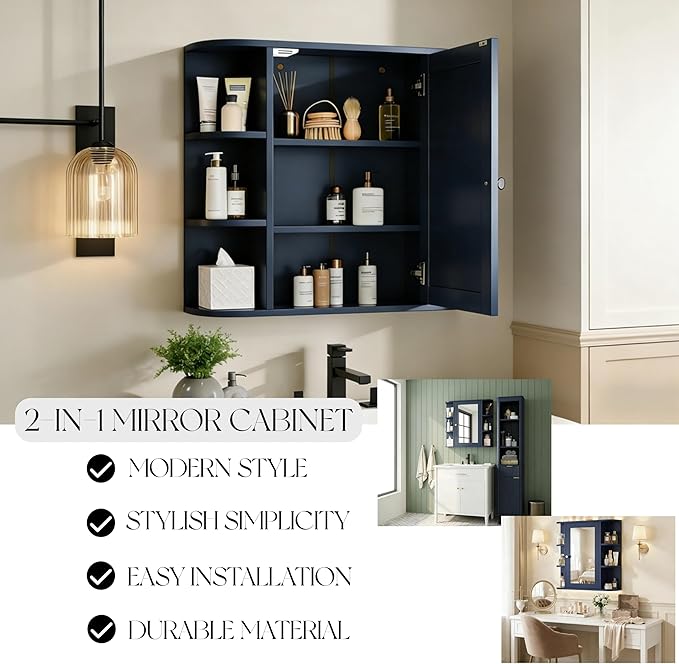 Merax Bathroom Wall Storage Cabinet with Mirror, 26 Inch Medicine Cabinet with Mirror Doors & Adjustable Wood Shelf, Space-Saving Modern Mounted Storage Cabinets with 6 Open Shelves, Blue