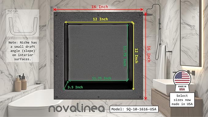 Ready-to-Tile Square Shower Niche – 16" x 16", Single 12" x 12" Shelf, 3.5" Deep – Made in USA