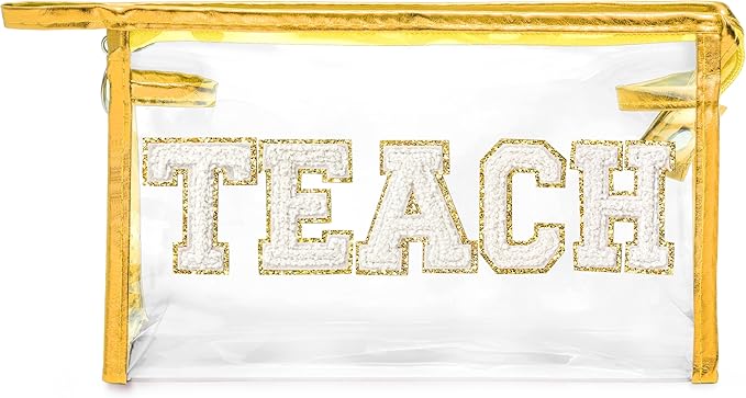 CY2SIDE TEACH Clear Makeup Bag - White TEACH Letter Patch Cosmetic Bag with Handle for Travel PVC Zipper Clear Toiletries Waterproof Portable Travel Organizer Teacher Appreciation Gifts, Gold