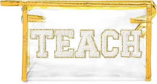 CY2SIDE TEACH Clear Makeup Bag - White TEACH Letter Patch Cosmetic Bag with Handle for Travel PVC Zipper Clear Toiletries Waterproof Portable Travel Organizer Teacher Appreciation Gifts, Gold