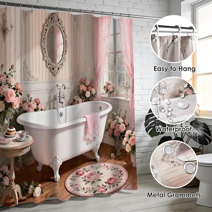 DDQQ 4 Pcs Pink Rose Shower Curtain Floral Bathroom Sets with Shower Curtain and Rugs Romantic Flowers Shower Curtain Set Women Bathroom Decor Bathroom Rug Set Toilet Lid Cover Hooks