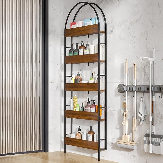 Behind The Door Storage, 5-Tier Narrow Bathroom Shelf, Slim Space-Saving Storage Organizer, Freestanding Shelving Unit for Laundry Room, Pantry, Kitchen, Closet & Small Spaces