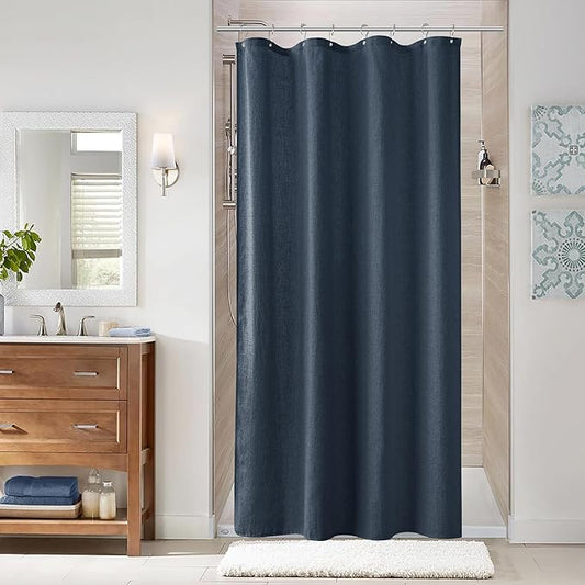 Naturoom Denim Blue 42 Inch Shower Curtain - Stall Narrow Half Linen Ultra Thick Fabric Shower Curtain Set with Hooks, Boho Farmhouse Rustic RV Camper Bath Curtains for Bathroom, 42x72