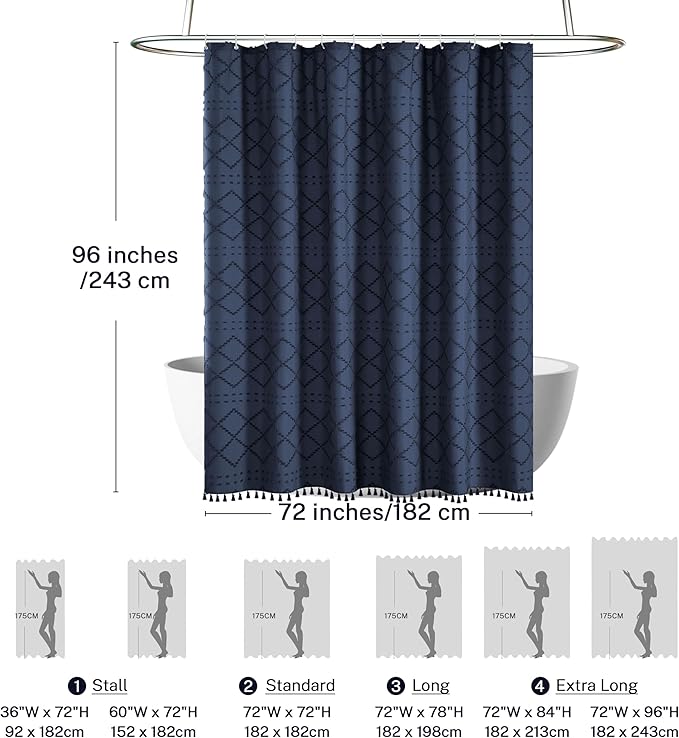 Extra Long Navy Blue Boho Shower Curtain Woven Fabric Farmhouse 96 Inch Curtain, 72 x Tufted Chevron Textured Striped Modern Minimalist Cloth Set with Hooks for Bathroom