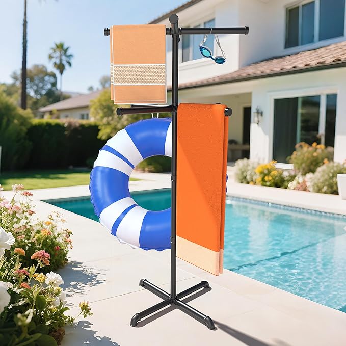 Hjarta Outdoor Towel Rack for Pool, 59 Inch Pool Towel Holder with 8 Bars, Poolside Towel Racks for Outdoor, Towel Drying Rack for Pool Area Outside, Bathroom, Spa, Hot Tub