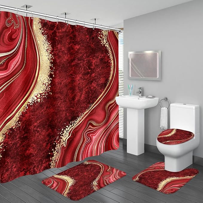 4PCS Red Marble Bathroom Sets with Shower Curtain and Rugs, Abstract Shower Curtain Sets with Rugs for Bathroom Decor, Modern Bathroom Curtains Shower Set with Toilet Lid Cover Accessories