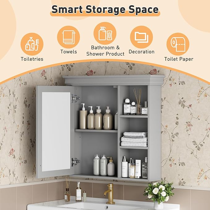 Merax Modern Bathroom Medicine Cabinet with Mirror, 30" x 28" Wall Mounted Medicine Cabinet with Storage and Open Shelves, Over The Toilet Mirrored Wall Storage