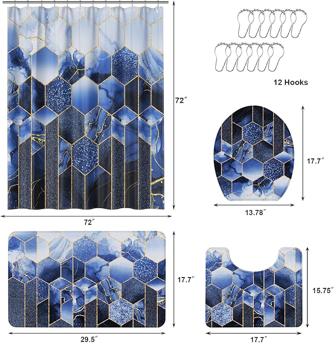 XLHOMO Bathroom Sets with Shower Curtain and Rugs - 4PC Navy Blue Geometric Shower Curtain Set with 12 Hooks, Toilet Cover, U-Shaped Mat and Rugs Modern Abstract Bathroom Accessories for Bathroom