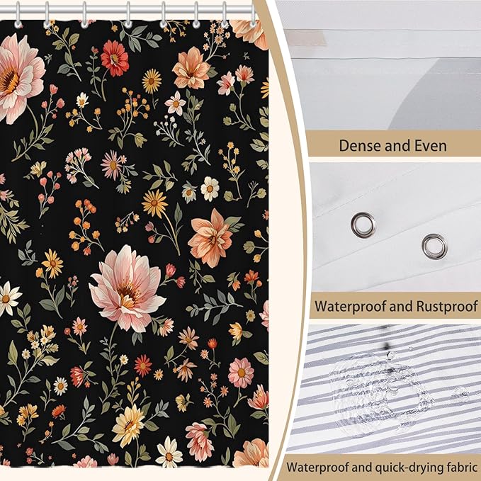 Black Floral Shower Curtain，Cute Dark Wildflower Rustic Flower Blossom Farmhouse Leaves Botanical Cloth Fabric ，Waterproof Polyester Bathroom Home Decor Set with 12 Hooks，72 x 72 Inch
