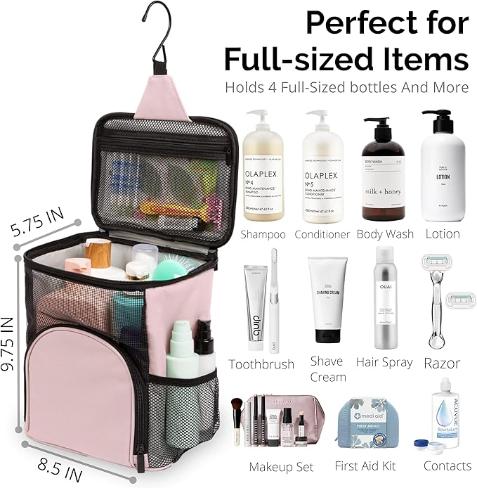 TERRA HOME College Dorm Room Essentials for Girls - Original Shower Caddy Dorm - Portable, Durable, Roomy, Foldable Water Resistant Shower Bag in Light Pink with Metal Hook for Hanging (Blush Pink)