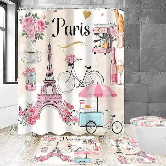 Chrainy 4Pcs Paris Eiffel Tower Shower Curtain Sets Bathroom Set Decor with Non-Slip Rugs Bath U-Shaped Mat Toilet Lid Cover Waterproof Pink Romantic Bathroom Curtains Shower Set with 12 Hooks
