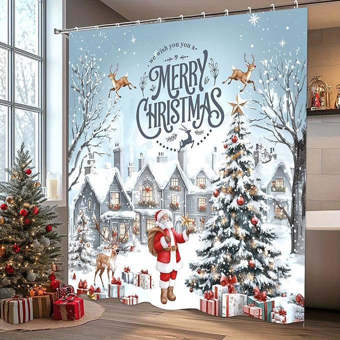 Christmas Shower Curtain，Santa Claus Castle Reindeer Shower Curtain，Winter Pattern Holoday Shower Bathroom Decor For Bathroom ，72x72 Inch Waterproof Polyester Insulated Home Decor Set，With Hooks