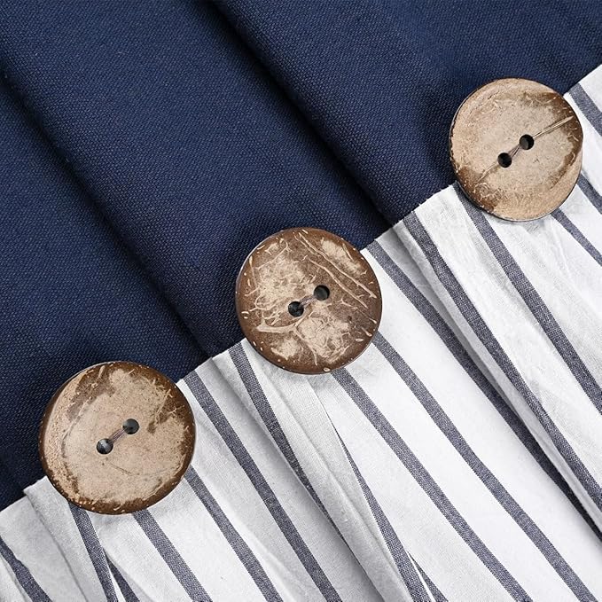 DOSLY Ides Farmhouse Navy Blue Shower Curtain for Bathroom, Beige and Navy Stripe, Button Curtain, Cotton Blend Woven Fabric, Rustic Charm Country Chic Style, 72x78 in