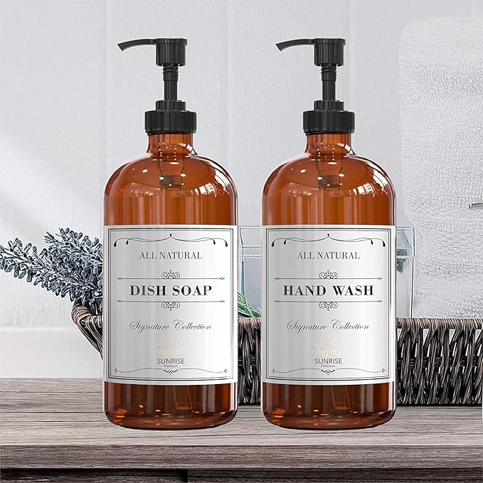 Sunrise Premium, 16 OZ Thick Amber Glass Soap Dispenser with Pump 2 Pack, Hand and Dish Soap Dispenser Set for Bathroom with 6 Waterproof Labels