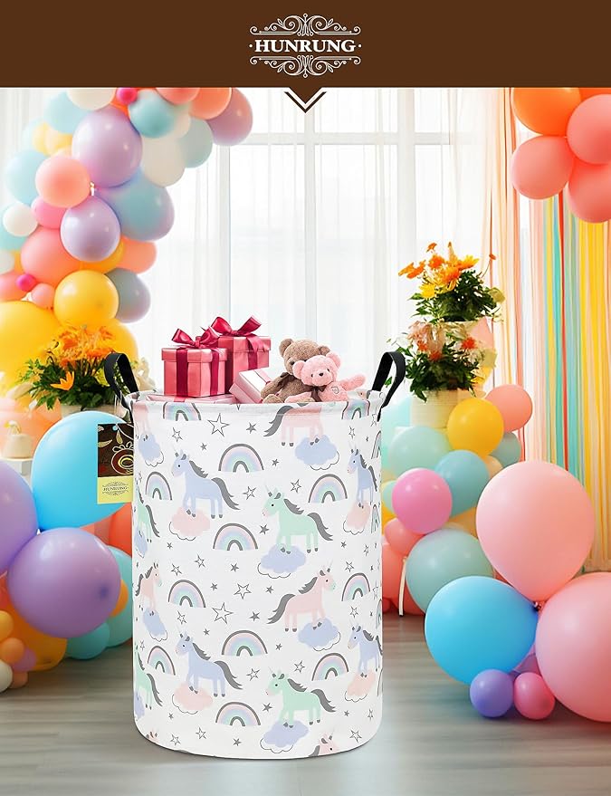 HUNRUNG Laundry Hamper,Large Canvas Fabric Lightweight Storage Basket Toy Organizer Dirty Clothes Collapsible Waterproof for College Dorms???Round-Star Unicorn???