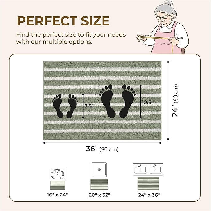 GRANNY SAYS Striped Bathroom Rugs Non Slip, 24" x 36", Bath Rugs for Bathroom Washable, Bath Mats for Floor, Microfiber Bath Mat for Tub, Absorbent Bath Rugs for Shower Room, Sage Green