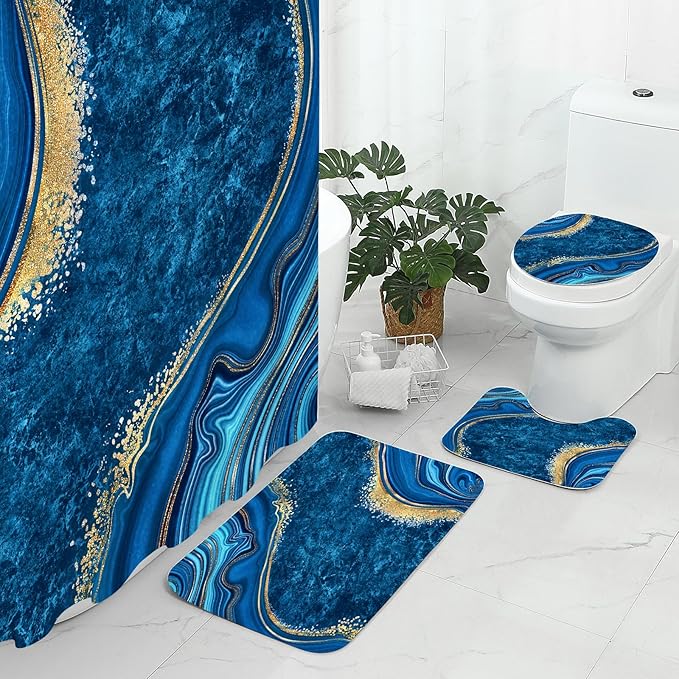 Gibelle 4 Pcs Luxury Marble Shower Curtain Set with Non-Slip Rugs, Toilet Lid Cover and Bath Mat, Gold Foil Blue Bathroom Decor Set with Shower Curtain and Rugs and Accessories