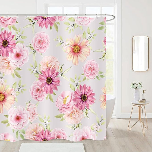 Pink Daisy Peony Flower Shower Curtains, Watercolor Floral Green Leaves Waterproof Fabric Botanical Bathroom Shower Curtain, 72 x 72 Inch