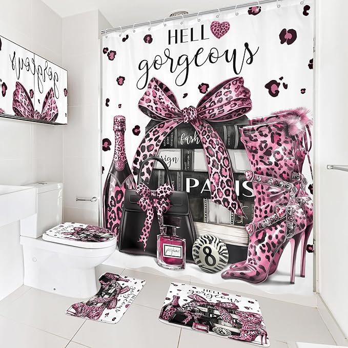 Cinbloo 4Pcs Black and Pink Leopard Print Shower Curtain Set,Fashion Modern Girly Bow Perfume Striped Bathroom Curtain with Rug,Toilet Lid Cover, Bath Mat,High Heels Books Shower Curtain with 12 Hooks