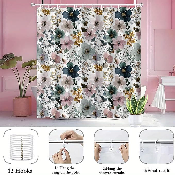 Watercolor Floral Shower Curtain 72x72 Inch Elegant Hand Painted Flower Print Bathroom Curtain Fabric for Vintage or Modern Decor