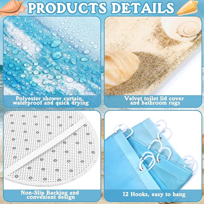 FuWeave 8 Pcs Summer Beach Shower Curtain Set Bathroom Decor Sea Ocean Waterproof Bathroom Accessories Shower Curtain Sets with Towels Carpet Bath Mat Toilet Rugs and 12 Hooks