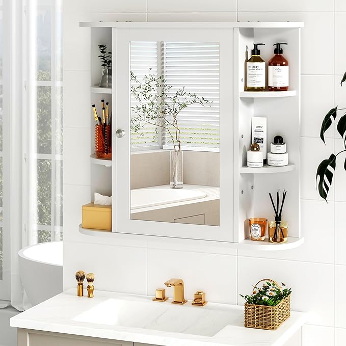 DL-win Bathroom Medicine Cabinet with Mirror, Wall Mounted Home Storage with Door, Over The Toilet Space Saver Storage Cabinet, Bathroom Cabinet Wall Mounted, White