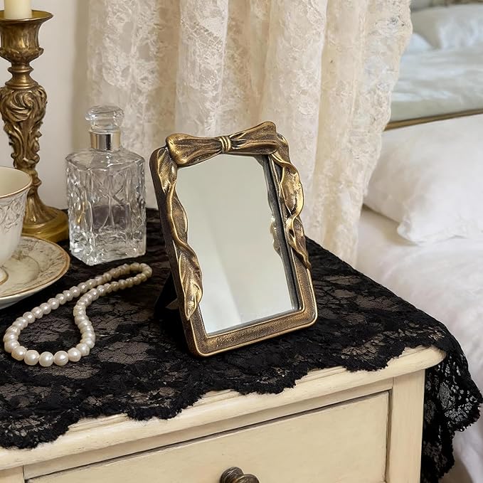 Vintage Rectangular Vanity Desk Mirror - 8x6Inch Wall-Mounted & Tabletop Decorative Ornate Gold Accent Retro Makeup Mirror for Bedroom Dresser Living Room Bathroom Dorm Champagne Gold