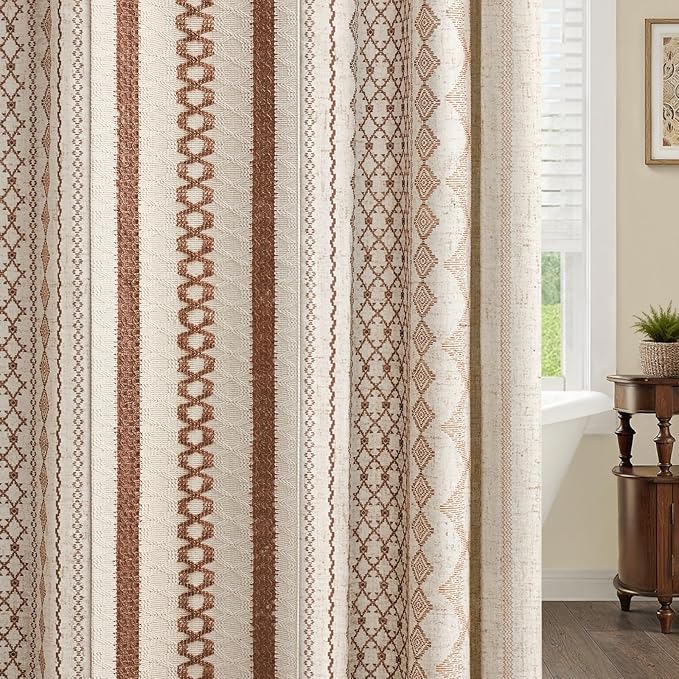 Boho Linen Shower Curtain for Bathroom,Brown Striped Print and Twine-Inspired Woven Center,72" W x 72" L
