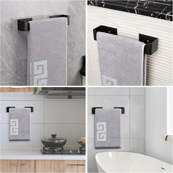 NearMoon Self Adhesive Hand Towel Holder/Towel Ring, Stainless Steel Hand Towel Bar Rustproof Stick on Wall-Towel Rack for Bathroom/Kitchen, Square Sticky and Wall Mounted (9 Inch, Matte Black)