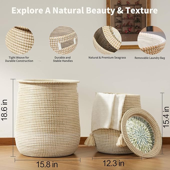Laundry Baskets Hamper with Removable Laundry Bag, 2 Pack Pure Handwoven Storage Basket, Natural Seagrass Decorative Clothes Hamper for Living Room household, Toy Blanket Plant Organization