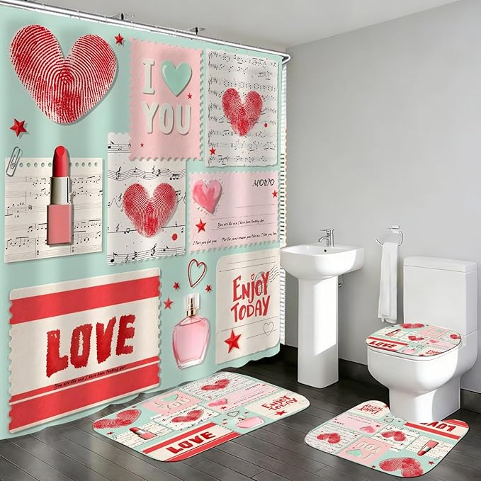 DDQQ 4Pcs Valentine's Day Shower Curtain Set Love Letter Post Office Bathroom Sets Modern Shower Curtain Set for Bathroom Sets with Rugs Red Love Shower Curtain with 12 Hooks