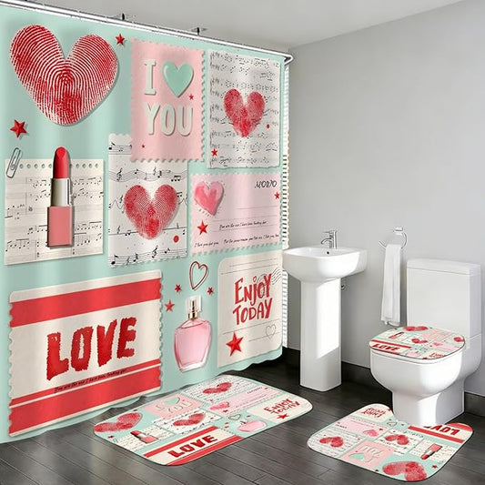 DDQQ 4Pcs Valentine's Day Shower Curtain Set Love Letter Post Office Bathroom Sets Modern Shower Curtain Set for Bathroom Sets with Rugs Red Love Shower Curtain with 12 Hooks