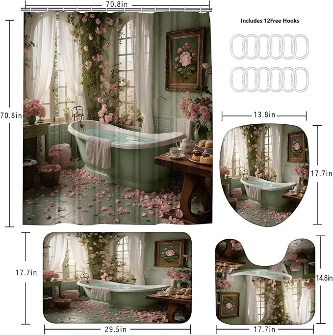DDQQ 4Pcs Vintage Turquoise Bathtub Shower Curtain Set, Pink Roses Bathroom Sets with Shower Curtain and Rugs, Romantic Bathroom Decor Accessories Shower Curtains for Bathroom Toilet Lid Cover