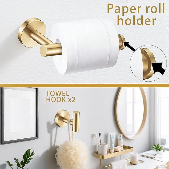 5 Pieces Brushed Gold Bathroom Hardware Accessories Set, SUS304 Stainless Steel 24 Inch Bath Towel Bar Set, Round Bathroom Towel Holder Set, Towel Racks for Bathroom Wall Mounted