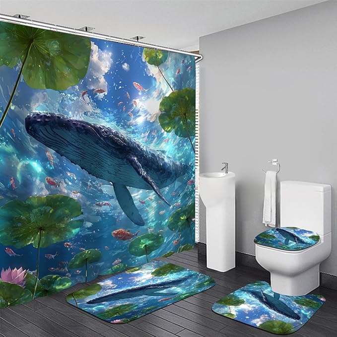 Yizheer 4Pcs Whale Shower Curtain Sets,Ocean Scenery Marine Life Theme Bathroom Curtain with Rugs, Toilet Lid Cover and Bath Mat