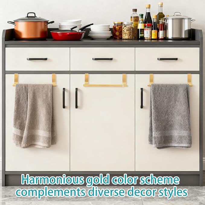 Over Cabinet Towel Holder, Stainless Steel Adjustable Length Over Cabinet Door Kitchen Towel Bar. Dish Towel Holder Hanger Suitable for Cupboard,Door,Cabinet,Laundry. Gold