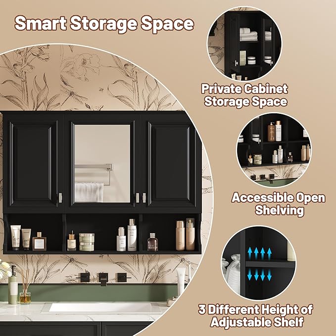 Merax Bathroom Wall Cabinet with Mirror, Wall Mounted Medicine Cabinet with Adjustable Shelves and Open Spaces, 41" x 28" Mirrored Door Over The Toilet Bathroom Storage Cabinet