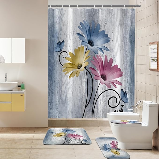 Onalasyc 4PCS Country Hot Pink Daisy Flower Farmhouse Shower Curtain Set with Shower Curtain and Carpet and Accessories, Waterproof Bathroom Shower Curtain Decorative Set with 12 pcs Hooks,71 x 71in