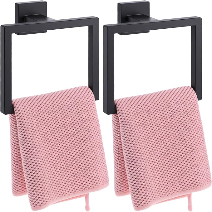 2 Pack Matte Black Towel Ring, Stainless Steel Hand Towel Holder, Modern Square Wall Mounted Bathroom Rack Hangers
