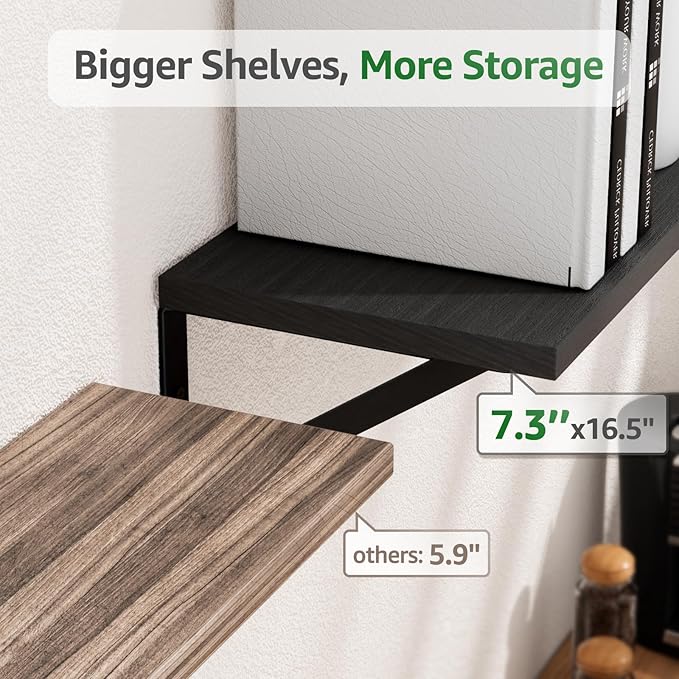 Wall Shelves 7.3" Deep Set of 5, Solid Paulownia Wood Wider Longer Sturdy Easy to Install Wall Mounted Bookshelves Storage Shelves Bathroom Home Office Laundry Room Bedroom Organizer Black
