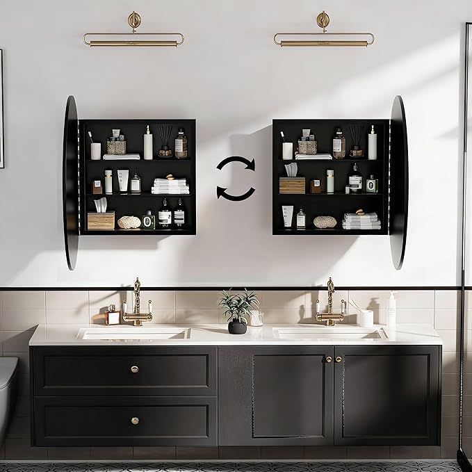 Round Bathroom Medicine Cabinet with Mirror,Wall Mounted Vanity Mirror with Adjustable Shelves Metal Storage Cabinet for Bathroom Bedroom (No Assembly Required) Black 20.5 * 20.5''
