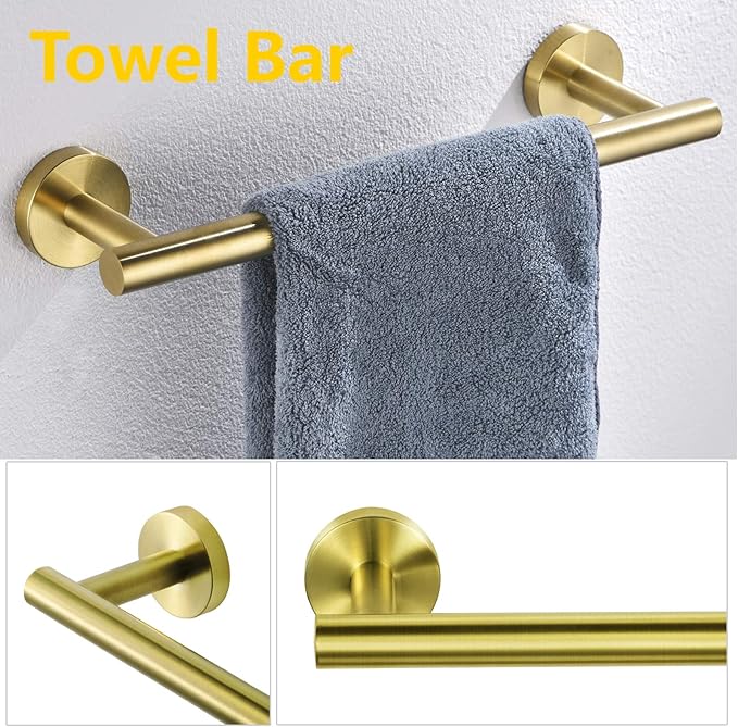 Nolimas 3-Pieces Brushed Gold Bathroom Hardware Set SUS304 Stainless Steel Round Wall Mounted Includes 12" Hand Towel Bar,Toilet Paper Holder,Robe Towel Hooks,Bathroom Accessories Kit