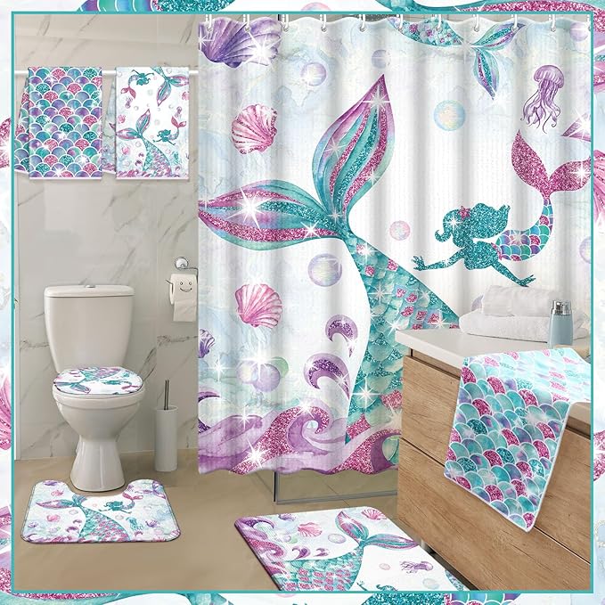 Nuanchu 6 Pcs Mermaid Shower Curtain Set with Rug Bathroom Sets with Shower Curtain Bath Mat U Shaped Mat Toilet Lid Cover 2 Bath Towels and 12 Hooks Mermaid Bathroom Decor