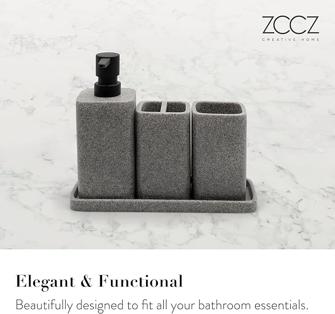 ZCCZ Bathroom Accessory Sets, 4 Pieces Bathroom Accessories Complete Set Vanity Countertop Accessory Set, Includes Lotion Dispenser Soap Pump, Tumbler, Toothbrush Holder and Tray (Grey)