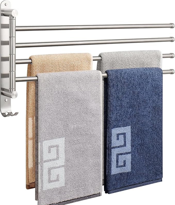 NearMoon Swivel Towel Rack, 19.5" Thicken 304 Stainless Steel 4-Arm Towel Bar, Space Saving Wall Mounted Towel Holder with Hook, Rustproof Swing Out Towel Hanger for Bathroom, Kitchen (Brushed Nickel)