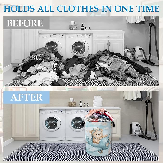 Blue Bear Pilot Laundry Hamper Balloon Collapsible Laundry Basket Portable Clothes Toy Storage Bin for Bathroom Bedroom Room Decor 16 X 20.8 Inch